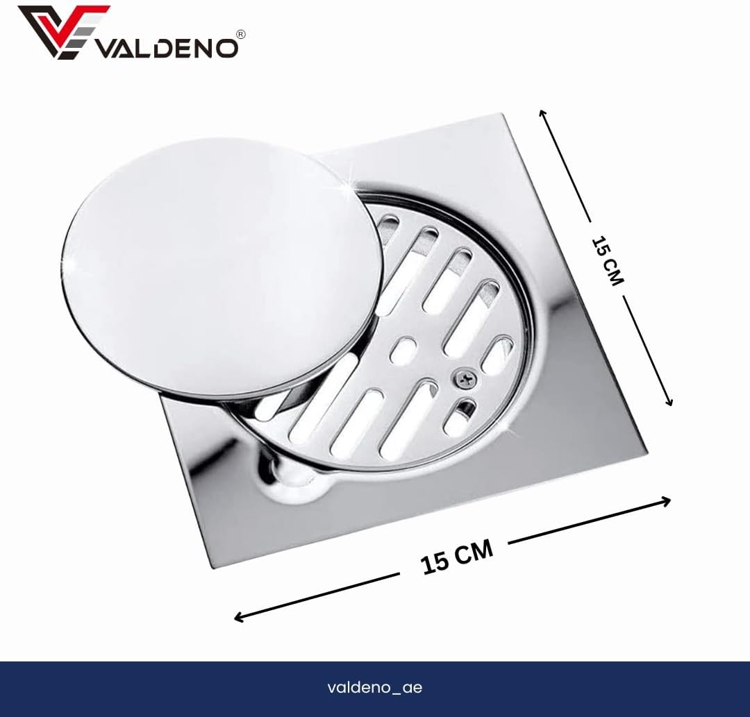 VALDENO Stainless Steel 15cm x 15cm Bathroom Shower Floor Drain with Grill and Lid - Premium Stainless Steel Drainage Solution for Modern Bathrooms