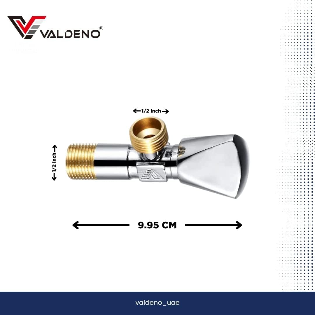 Valdeno Angle Valve 1/2" Hose Connector - Full Brass Body - WC and Hand Shattaf Connection - Smooth Chrome Polish Finish - Leak-Free Operation - 3 Years Warranty