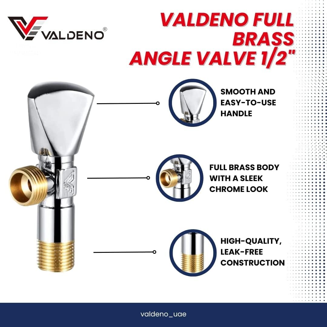 Valdeno Angle Valve 1/2" Hose Connector - Full Brass Body - WC and Hand Shattaf Connection - Smooth Chrome Polish Finish - Leak-Free Operation - 3 Years Warranty