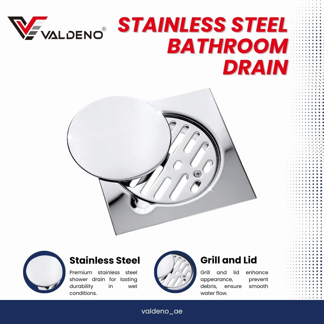 VALDENO Stainless Steel 15cm x 15cm Bathroom Shower Floor Drain with Grill and Lid - Premium Stainless Steel Drainage Solution for Modern Bathrooms