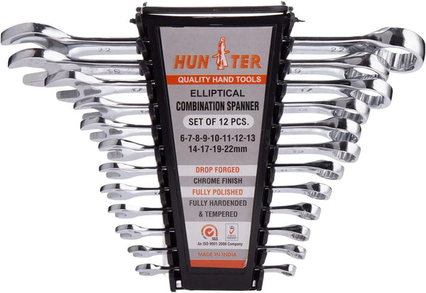 HUNTER Combination Spanner Set With 12 Pieces 6, 7, 8, 9, 10, 11, 12, 13, 14, 17, 19, 22mm Chrome, Made in India